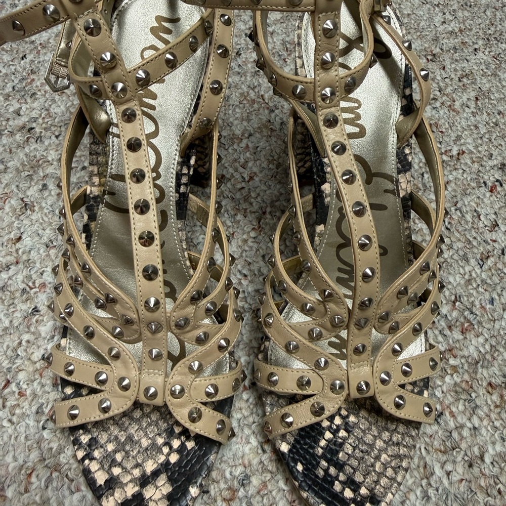 Sam Edelman Tan Studded T-Strap Heels with Snakeskin Accent